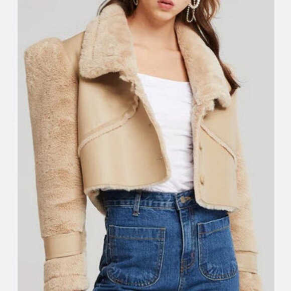 storets Jackets & Blazers - Womens Storets Beige Faux Leather Faux Fur Shearling Style Jacket Coat S/M
